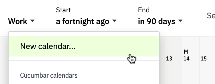 New calendar... menu item under the calendar selection menu